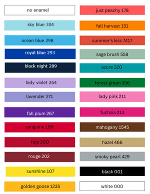 Enamel color chart showing named swatches from sky blue and royal blue to fuchsia, black, and white, plus a no enamel option