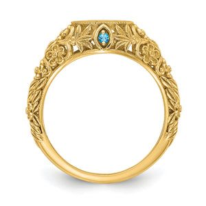 Front profile of the yellow gold floral monogram ring showing the openwork flower shoulders and a birthstone set in the top edge