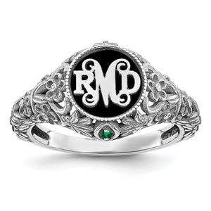 Sterling silver or white gold floral monogram ring with RMD initials on black enamel and a green birthstone