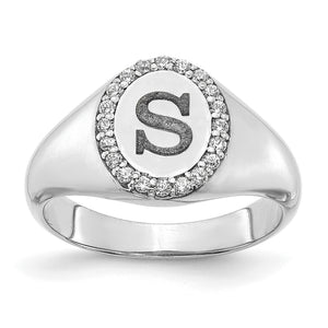 White gold women's oval signet ring with an engraved initial S and a diamond halo