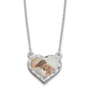 Sterling silver heart photo pendant with a diamond cut frame on an 18 inch chain