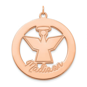 Rose gold angel pendant in an open circle with the name Madison in cursive