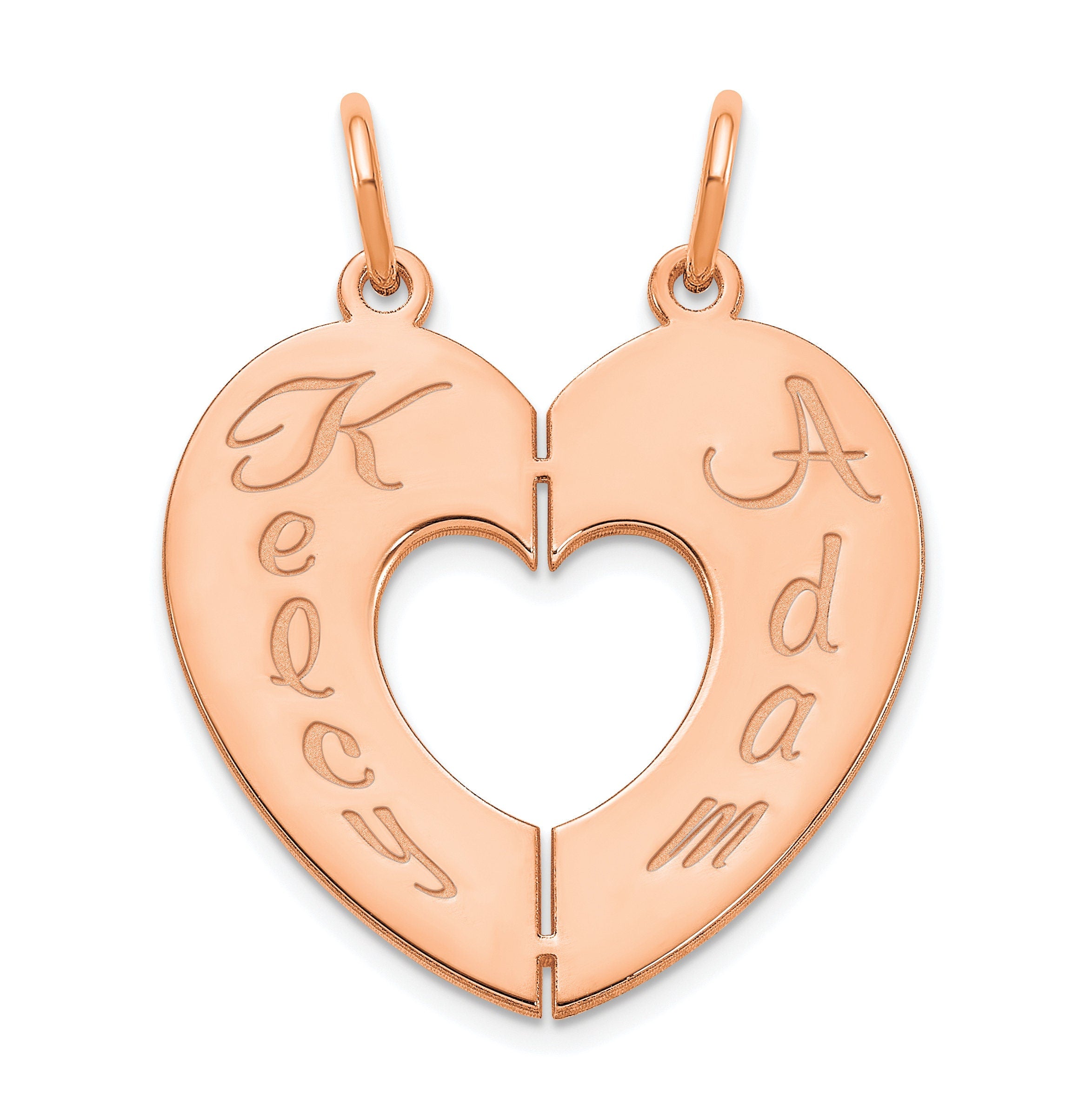 Personalized Solid 10k Gold, 14k Gold, or .925 Sterling Silver 2 (two) Name Breakable Heart Charm Pendant - Yellow, White, Rose (Pink)