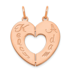 Rose gold breakable heart pendant with a script name on each half