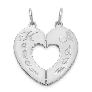 Sterling silver breakable heart pendant with script names on each half