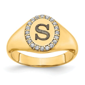 Yellow gold women's oval signet ring with a textured engraved S framed by a halo of natural diamonds