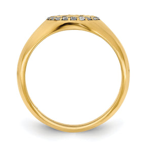 Front view through the band of the yellow gold oval signet ring showing the round shank and diamond halo top
