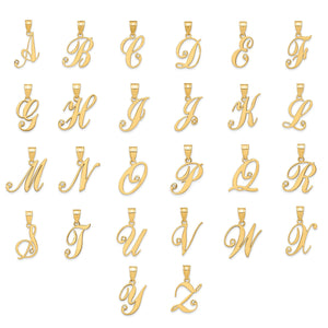 Full alphabet of 14k gold script initial pendants with diamond accents, letters A through Z