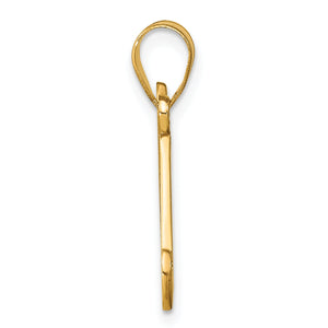 Side profile of the 14k gold script initial pendant showing the flat letter and bail