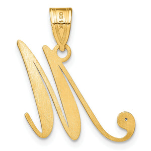 Back of the 14k gold script M pendant with a satin brushed finish and stamped bail