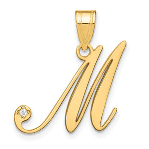 14k yellow gold script letter M pendant with a small natural diamond set in the lower curl