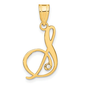14k yellow gold script letter S pendant with a natural diamond accent