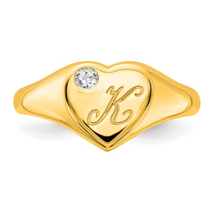 Front view of the yellow gold heart signet ring with an engraved script K and bezel set diamond