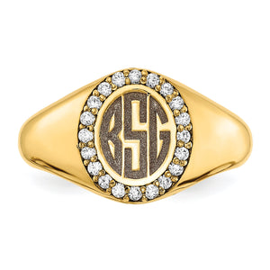 Top view of the yellow gold monogram signet ring showing the BSG monogram inside the diamond halo, Gold Time