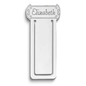Sterling silver scroll bookmark engraved Elizabeth on a white background
