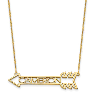 Yellow gold arrow name necklace with the name CAMERON and a feathered tail