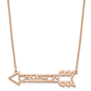 Rose gold arrow name necklace with the name CAMERON cut into the arrow shaft