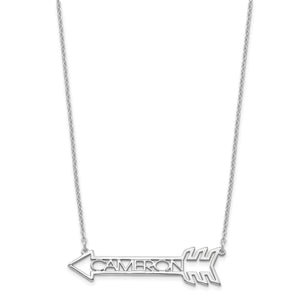 Sterling silver arrow name necklace shown full length on its cable chain