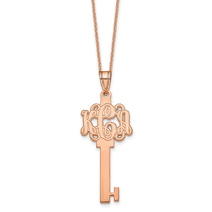 Rose gold script monogram key necklace on a chain