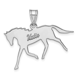 Sterling silver galloping horse pendant engraved in cursive with the name Katie