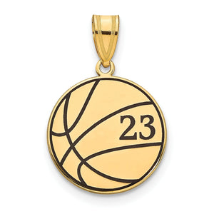 Yellow basketball pendant with black enamel seams and the number 23