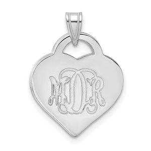 Sterling silver heart tag pendant with an engraved three letter script monogram