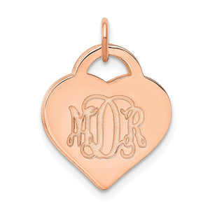 Rose gold heart tag pendant with an engraved MDR script monogram and polished finish