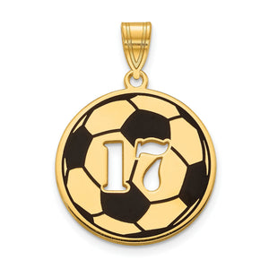 Gold soccer ball pendant with black enamel panels and a cut-out jersey number 17
