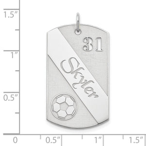 Size chart for the sterling silver soccer dog tag pendant, about 1.5 inches tall