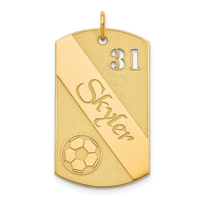 Gold plated soccer dog tag pendant with cut-out number 31, engraved name Skyler, and soccer ball graphic