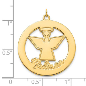 Yellow gold angel name pendant on a size chart, about 1 inch across