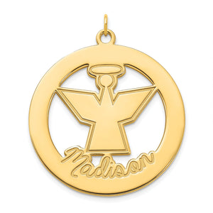 Yellow gold angel name pendant with the name Madison cut out in cursive