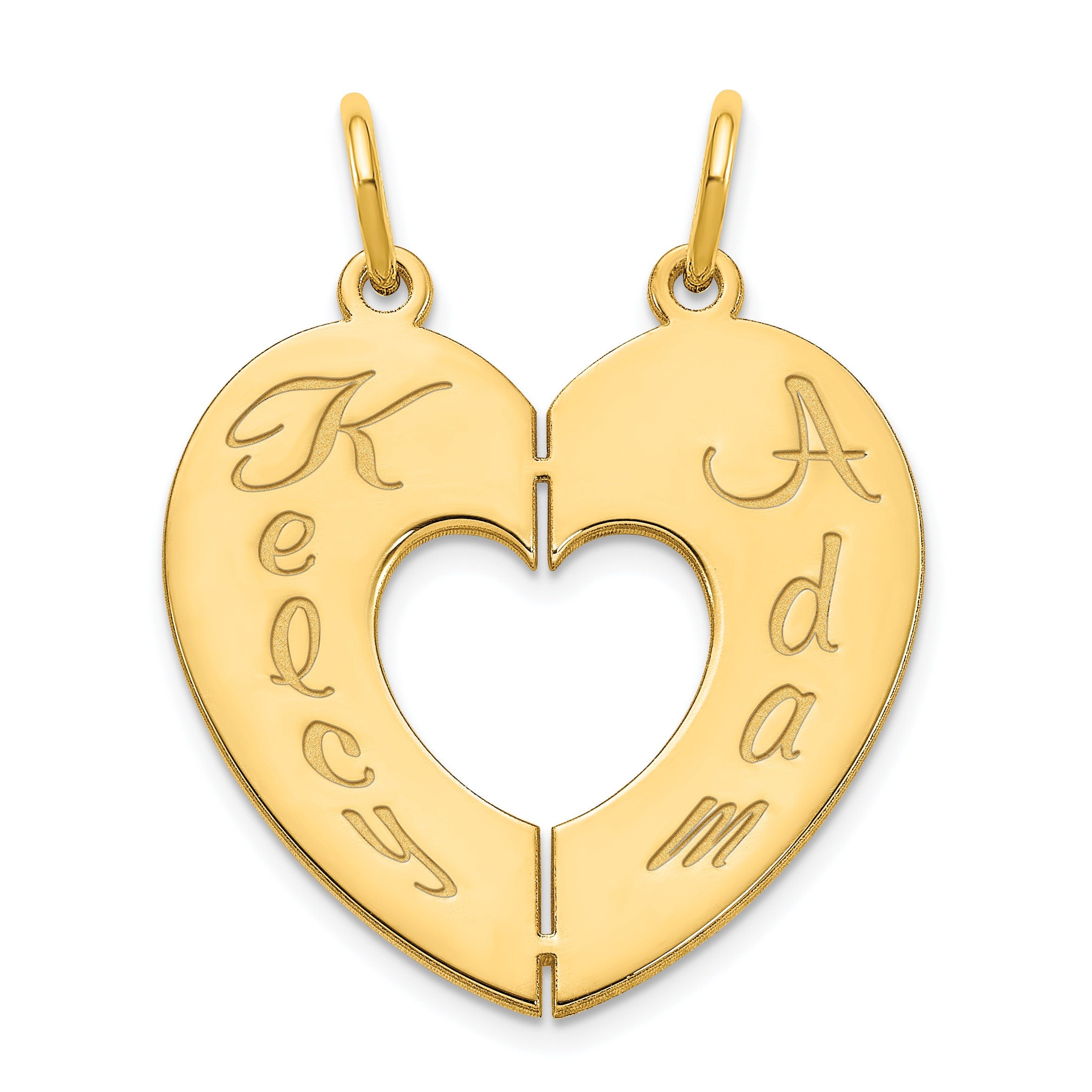Personalized Solid 10k Gold, 14k Gold, or .925 Sterling Silver 2 (two) Name Breakable Heart Charm Pendant - Yellow, White, Rose (Pink)