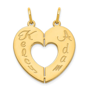 Yellow gold breakable heart pendant with a script name on each half