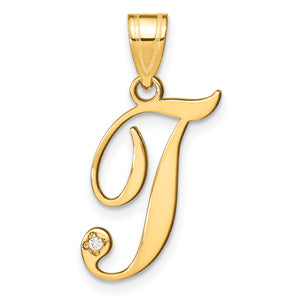 14k yellow gold script letter T pendant with a natural diamond accent