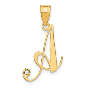 14k yellow gold script letter A pendant with a natural diamond accent