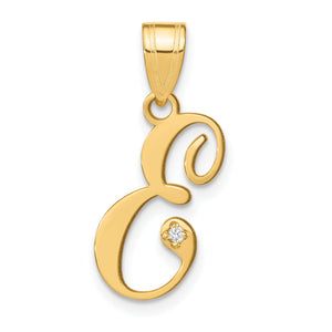 14k yellow gold script letter E pendant with a natural diamond accent