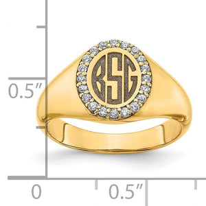 Yellow gold monogram signet ring beside a ruler, oval face about three eighths of an inch, Gold Time