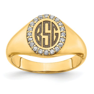 Yellow gold oval signet ring with a three letter block monogram inside a natural diamond halo