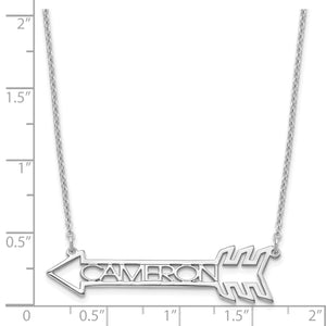 Silver arrow name necklace beside a ruler showing the arrow is just under 2 inches wide