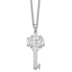 White gold script monogram key necklace on a chain