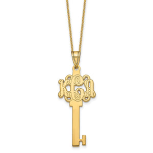 Yellow gold script monogram key necklace on a chain