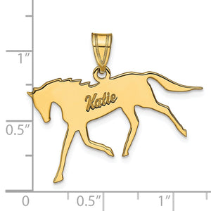 Gold horse name pendant beside a ruler showing it is about 1.25 inches wide