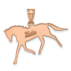 Rose gold galloping horse pendant engraved in cursive with the name Katie