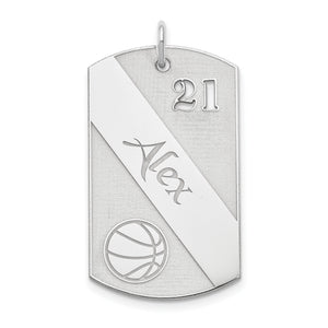 Sterling silver basketball dog tag pendant with cut-out number 21 and script name