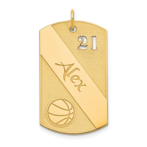 Gold plated basketball dog tag pendant with number 21, script name and basketball