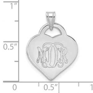 White metal heart monogram pendant reading MDR next to a 1 inch scale for size reference, Gold Time