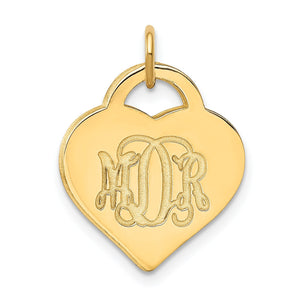 Yellow gold heart monogram pendant with engraved script initials and a polished face