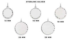 Sterling silver diamond-cut disc charms shown in 13mm, 16mm, 19mm, 26mm and 29mm sizes