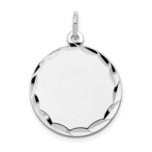 Sterling silver diamond-cut disc charm with a faceted border and a polished blank face for engraving
